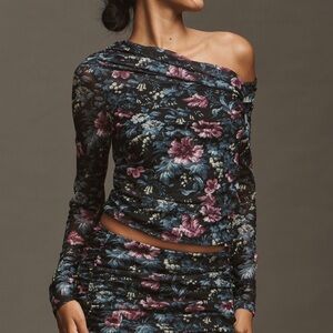 Anthropologie Asymmetric Neckline Long-Sleeve Top Mesh Floral SIZE SMALL NEW